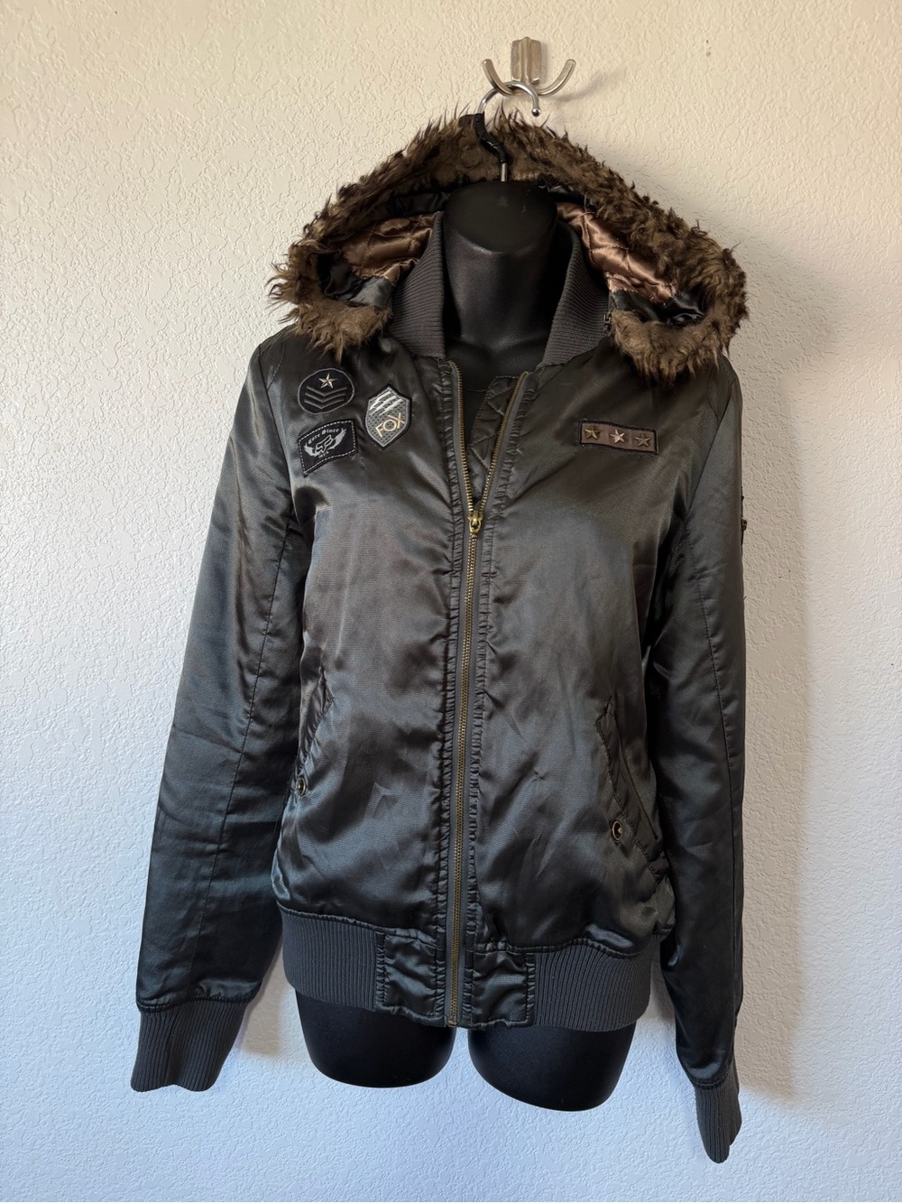 Vintage Y2K Fox Racing Patched Bomber Jacket with Fur Hood